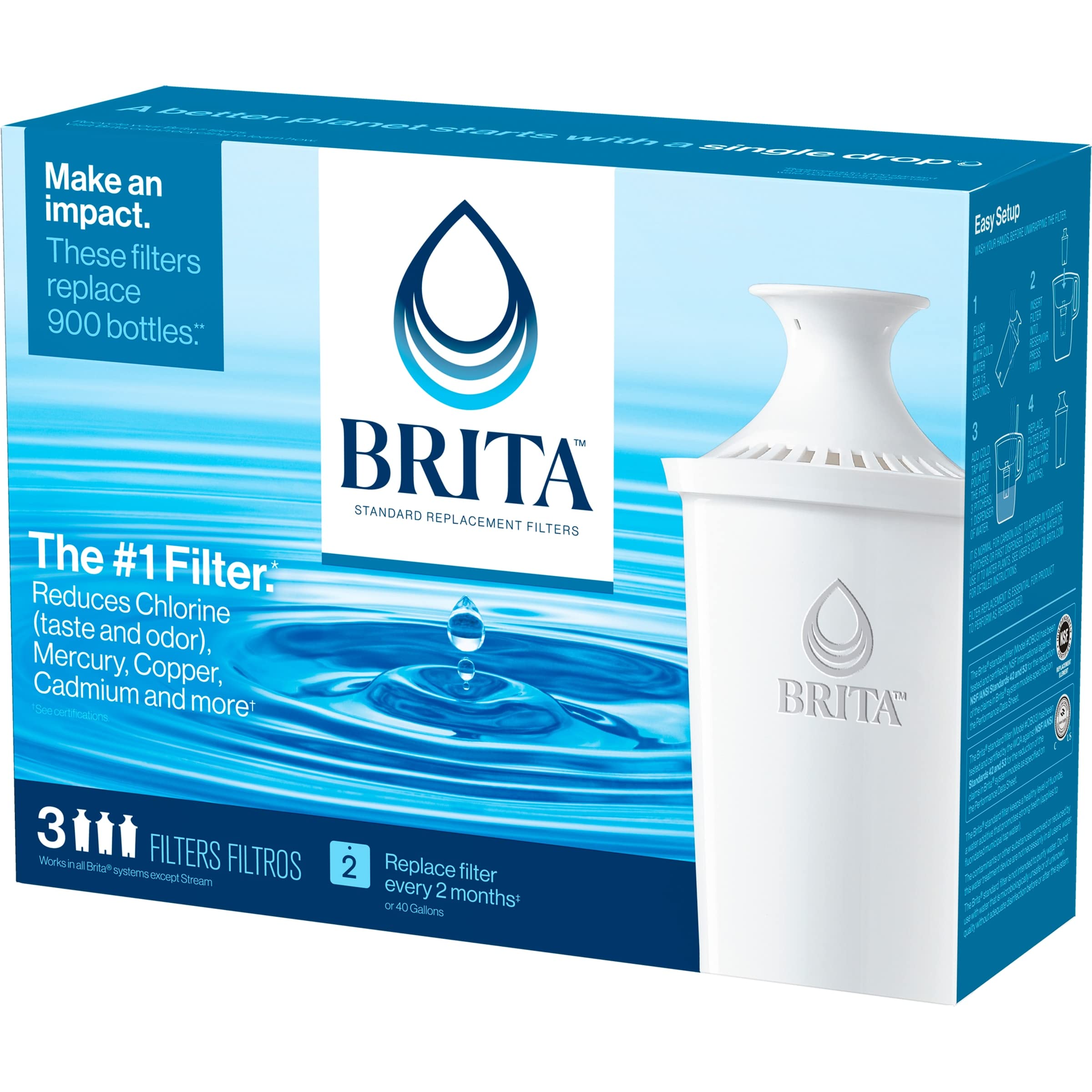 Brita Standard Water Filter Replacements for Pitchers and Dispensers, Lasts 2 Months, Reduces Chlorine Taste and Odor, 3 Count