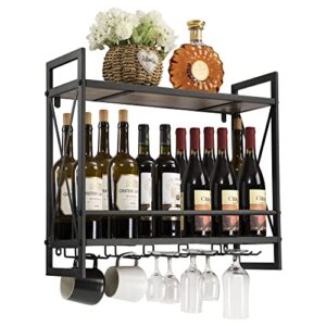 hadulcet wine bottle stemware glass rack, industrial 2-tier wood shelf, wall mounted wine racks with 5 stem glass holders for wine glasses, flutes, mugs, and 2 metal basket for storage, rustic brown…
