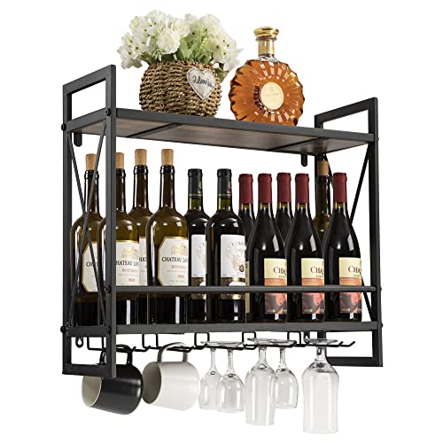 Hadulcet Wine Bottle Stemware Glass Rack, Industrial 2-Tier Wood Shelf, Wall Mounted Wine Racks with 5 Stem Glass Holders for Wine Glasses, Flutes, Mugs, and 2 Metal Basket for Storage, Rustic Brown…