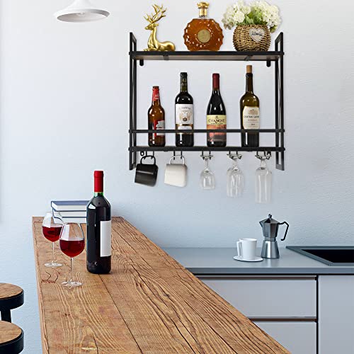 Hadulcet Wine Bottle Stemware Glass Rack, Industrial 2-Tier Wood Shelf, Wall Mounted Wine Racks with 5 Stem Glass Holders for Wine Glasses, Flutes, Mugs, and 2 Metal Basket for Storage, Rustic Brown…