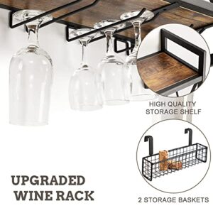 Hadulcet Wine Bottle Stemware Glass Rack, Industrial 2-Tier Wood Shelf, Wall Mounted Wine Racks with 5 Stem Glass Holders for Wine Glasses, Flutes, Mugs, and 2 Metal Basket for Storage, Rustic Brown…