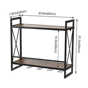 Hadulcet Wine Bottle Stemware Glass Rack, Industrial 2-Tier Wood Shelf, Wall Mounted Wine Racks with 5 Stem Glass Holders for Wine Glasses, Flutes, Mugs, and 2 Metal Basket for Storage, Rustic Brown…