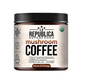 la republica organic mushroom coffee (30 servings) with 7 superfood mushrooms, great tasting arabica instant coffee, includes lion’s mane, reishi, chaga, cordyceps, shiitake, maitake, and turkey tail