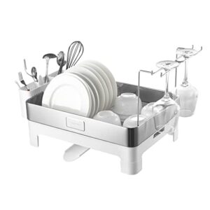 happimess dsh1003b simple 20.5″ fingerprint-proof stainless steel dish drying rack, dish rack with swivel spout tray and wine glass holder, utensil holder, stainless steel/white, silver/white