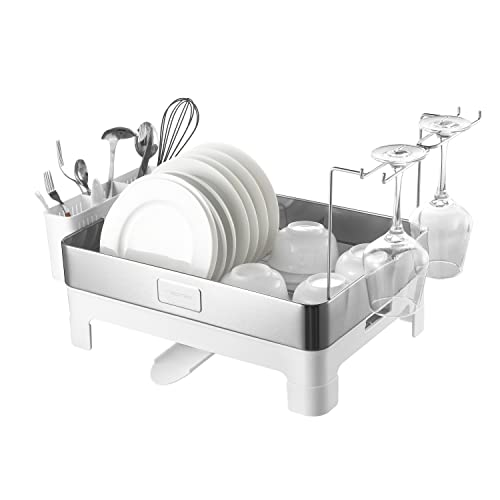 happimess DSH1003B Simple 20.5" Fingerprint-Proof Stainless Steel Dish Drying Rack, Dish Rack with Swivel Spout Tray and Wine Glass Holder, Utensil Holder, Stainless Steel/White, Silver/White