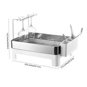 happimess DSH1003B Simple 20.5" Fingerprint-Proof Stainless Steel Dish Drying Rack, Dish Rack with Swivel Spout Tray and Wine Glass Holder, Utensil Holder, Stainless Steel/White, Silver/White