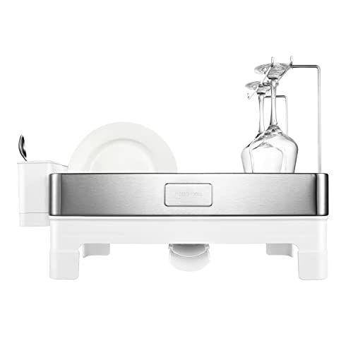 happimess DSH1003B Simple 20.5" Fingerprint-Proof Stainless Steel Dish Drying Rack, Dish Rack with Swivel Spout Tray and Wine Glass Holder, Utensil Holder, Stainless Steel/White, Silver/White