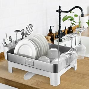 happimess DSH1003B Simple 20.5" Fingerprint-Proof Stainless Steel Dish Drying Rack, Dish Rack with Swivel Spout Tray and Wine Glass Holder, Utensil Holder, Stainless Steel/White, Silver/White