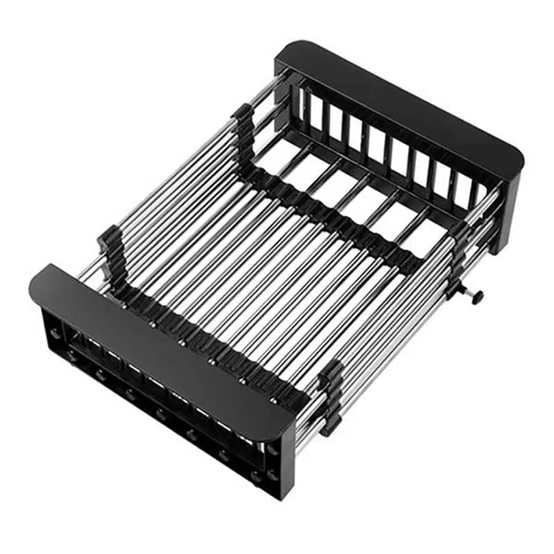 ALREMO 1pc Drain Rack, Stainless Steel Kitchen Basket, Home Dish Rack, Retractable Sink Shelf, 8.81*(11.22-18.5)*3.7in, Suitable for Rectangular Sink (Black)