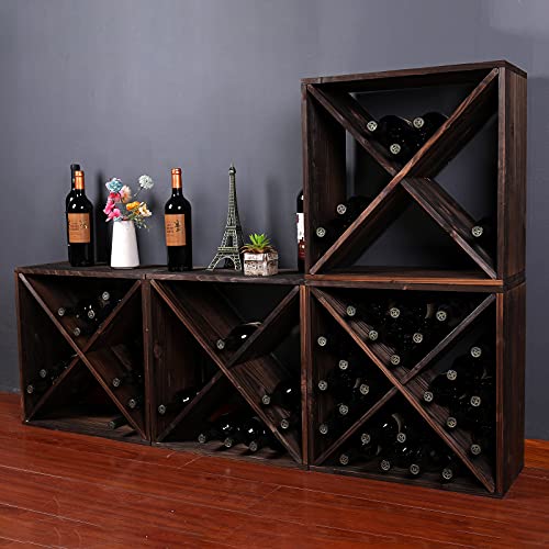 fdjamy Wine Rack countertop Wooden Stackable Storage Rustic Retro Style Cube 24-Bottle Wooden Wine Rack Wine Cabinet (Dark Brown)