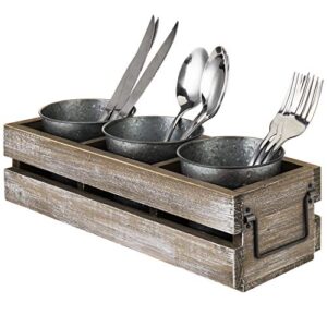mygift rustic brown wood utensil holder with handle and 3 galvanized metal buckets, kitchen countertop flatware caddy