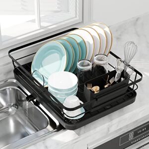 sakugi dish drying rack – compact dish rack for kitchen counter with a cutlery holder, durable stainless steel kitchen dish rack for various tableware, dish drying rack with easy installation, black