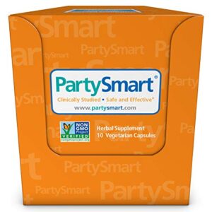 partysmart, one capsule for a better morning, 10 nights out supply, non-gmo, plant-based, 250 mg, 10 capsules