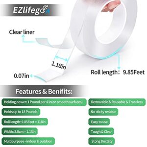 EZlifego Double Sided Tape Heavy Duty, Multipurpose Removable Clear & Tough Mounting Tape Sticky Adhesive, Reusable Strong Wall Tape Picture Hanging Strips Poster Carpet Tape (Extra Large 9.85FT)