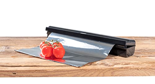 WENKO Plastic, Cling Film Holder, Refillable Aluminum Foil Wrap Dispenser with Slide Cutter for Kitchen Organization, 14.96 x 2.05 x 2.64 in, Black