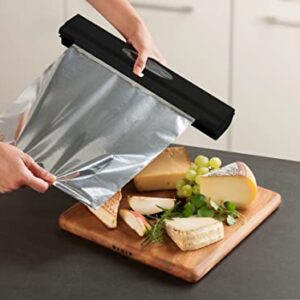 WENKO Plastic, Cling Film Holder, Refillable Aluminum Foil Wrap Dispenser with Slide Cutter for Kitchen Organization, 14.96 x 2.05 x 2.64 in, Black