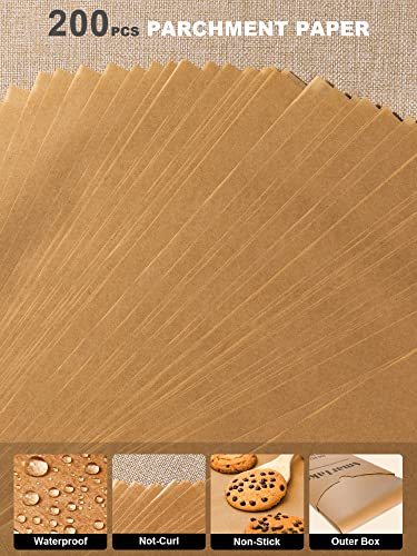 SMARTAKE 200 Pcs Parchment Paper Baking Sheets, 12x16 Inches Non-Stick Precut Baking Parchment, Perfect for Baking Grilling Air Fryer Steaming Bread Cup Cake Cookie and More (Unbleached)