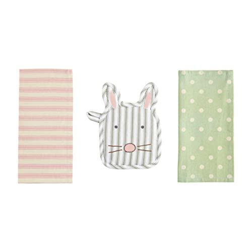 Mud Pie Bunny Pot Holder & Towel Set, Face, Holder 9" x 6" | Towel 12" x 12"