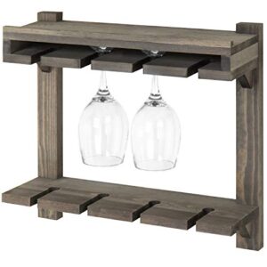 mygift wall mounted gray solid wood 2 tier wine glass holder storage rack with top display shelf for wine bottles – holds up to 8 stemware