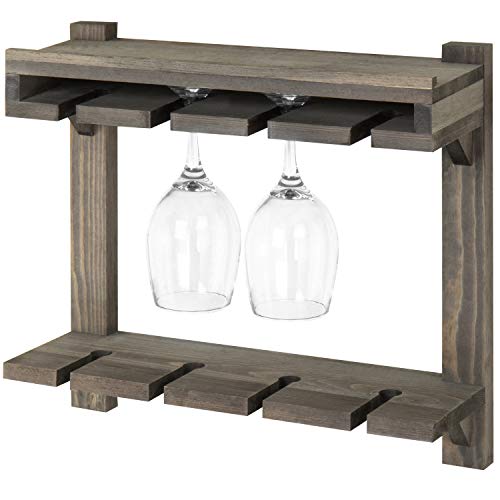 MyGift Wall Mounted Gray Solid Wood 2 Tier Wine Glass Holder Storage Rack with Top Display Shelf for Wine Bottles - Holds up to 8 Stemware