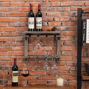 MyGift Wall Mounted Gray Solid Wood 2 Tier Wine Glass Holder Storage Rack with Top Display Shelf for Wine Bottles - Holds up to 8 Stemware