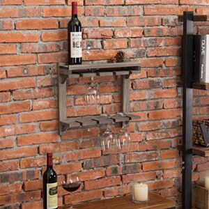 MyGift Wall Mounted Gray Solid Wood 2 Tier Wine Glass Holder Storage Rack with Top Display Shelf for Wine Bottles - Holds up to 8 Stemware