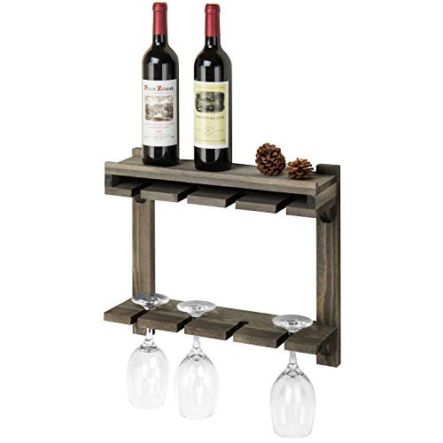 MyGift Wall Mounted Gray Solid Wood 2 Tier Wine Glass Holder Storage Rack with Top Display Shelf for Wine Bottles - Holds up to 8 Stemware