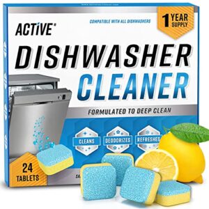 dishwasher cleaner and deodorizer tablets – 24 pack deep cleaning descaler pods formulated to clean dish washer machine, heavy duty and septic safe, natural remover for limescale, hard water, calcium, odor, smell – 12 month supply