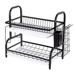 supercenter dish drying rack,2 tier dish racks for kitchen counter with drainboard,rust-resistant drying rack with cutting board holder,black