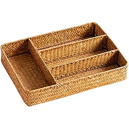 Rosarivae Rattan Silverware Tray Kitchen Drawer Organizer Cutlery Storage Basket Compartment Forks Spoon Wicker Storage Tray Rattan Flatware Tray for Home Latware and Kitchen Utensils