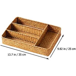 Rosarivae Rattan Silverware Tray Kitchen Drawer Organizer Cutlery Storage Basket Compartment Forks Spoon Wicker Storage Tray Rattan Flatware Tray for Home Latware and Kitchen Utensils