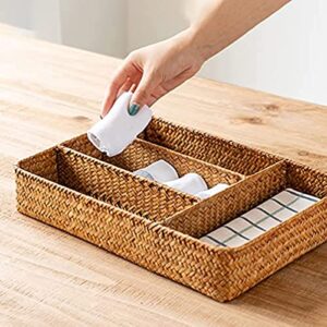 Rosarivae Rattan Silverware Tray Kitchen Drawer Organizer Cutlery Storage Basket Compartment Forks Spoon Wicker Storage Tray Rattan Flatware Tray for Home Latware and Kitchen Utensils