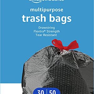 Amazon Basics Flextra Multipurpose Drawstring Trash Bags, 30 Gallon, 50 Count