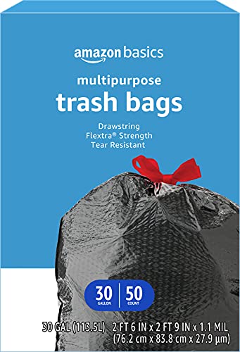 Amazon Basics Flextra Multipurpose Drawstring Trash Bags, 30 Gallon, 50 Count