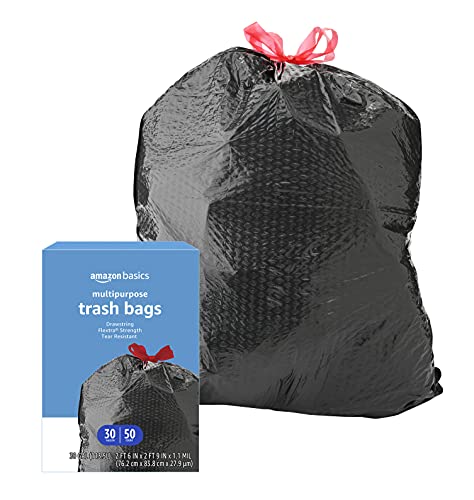 Amazon Basics Flextra Multipurpose Drawstring Trash Bags, 30 Gallon, 50 Count