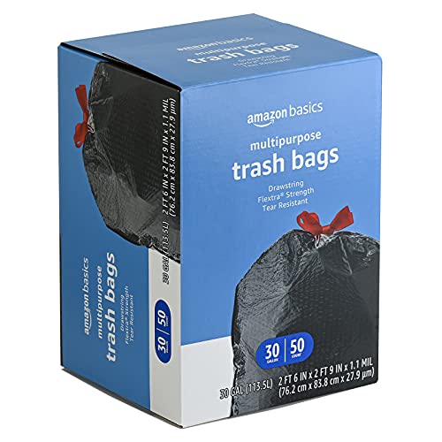 Amazon Basics Flextra Multipurpose Drawstring Trash Bags, 30 Gallon, 50 Count