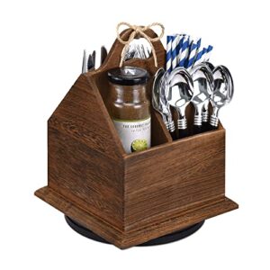 ikee design rotating wooden utensil holder flatware utensil caddy with a handle – silverware holder for spoons, knives, forks, napkins for restaurant, living room and kitchen, brown color