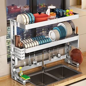 wercome 2023 free installation over the sink dish drying rack adjustable 3-tier full stainless steel dish drainer shelf rack collapsible large kitchen counter storage dish rack (silver)