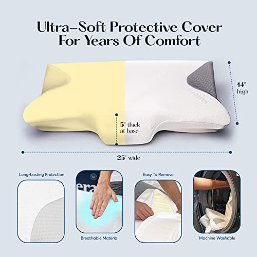SUTERA - Contour Memory Foam Pillow for Sleeping, Orthopedic Cervical Support for Neck, Shoulder and Back Pain Relief, Ergonomic Pillow for Side, Back and Stomach Sleepers, Washable Cover - White +Bag
