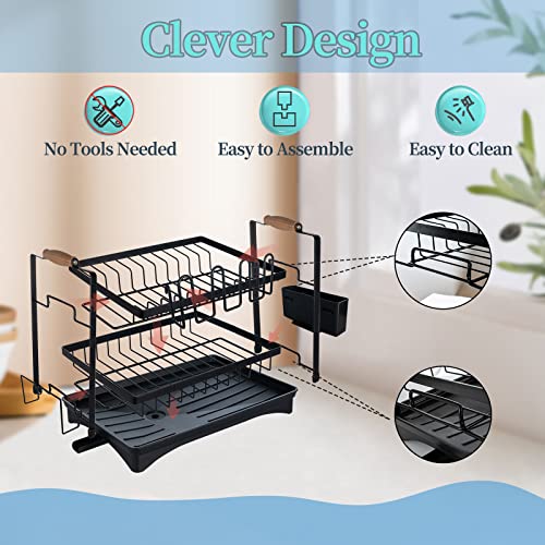 huspossesser Dish Drying Rack with Drainboard, 2 Tier Small Dish Rack, Dish Racks for Kitchen Counter, Stainless Steel Dish Drainer with Utensil Holder, Cup Rack and Cutlery Holder, Black