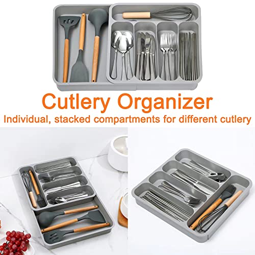 Kitchen Drawer Organizer Tray for Cutlery Utensils and Gadgets，Large Expandable Cutlery Organizer in Drawer，Silverware Organizer Storage Tray，Holding Flatware Spoons Forks