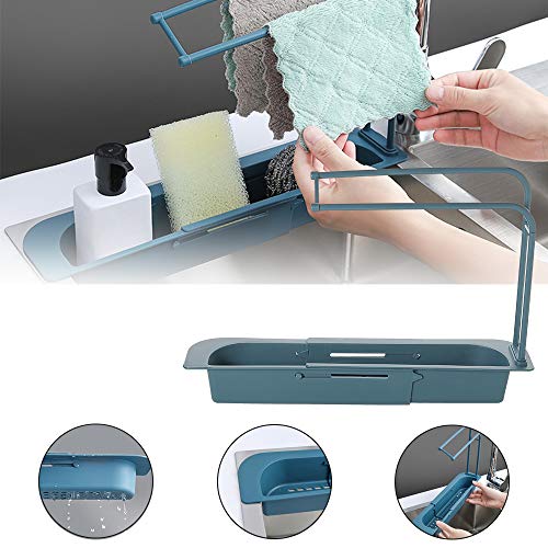 INNOLV Telescopic Sink Storage Rack Faucet Splash Guard Kitchen Sink Sponge Holder, Expandable Dish Caddy Sponge Soap Drying Rack, Shelf Organizer Scrubber and Adjustable Hanger with Towel Bar