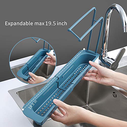 INNOLV Telescopic Sink Storage Rack Faucet Splash Guard Kitchen Sink Sponge Holder, Expandable Dish Caddy Sponge Soap Drying Rack, Shelf Organizer Scrubber and Adjustable Hanger with Towel Bar