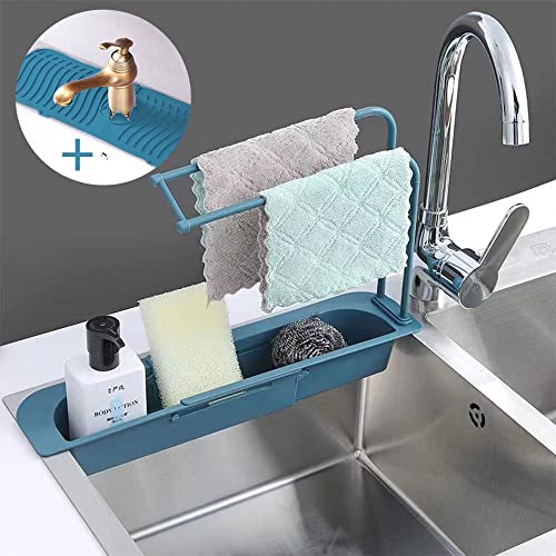 INNOLV Telescopic Sink Storage Rack Faucet Splash Guard Kitchen Sink Sponge Holder, Expandable Dish Caddy Sponge Soap Drying Rack, Shelf Organizer Scrubber and Adjustable Hanger with Towel Bar