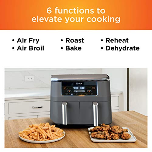 Ninja DZ201 Foodi 8 Quart 6-in-1 DualZone 2-Basket Air Fryer with 2 Independent Frying Baskets, Match Cook & Smart Finish to Roast, Broil, Dehydrate & More for Quick, Easy Meals, Grey