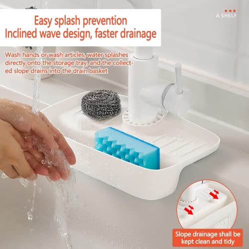 Kitchen Sink Sponge Holder Sink Caddy Hanging Kitchen Sink Organizer Anti-Splash Quick Drain Sponge Soap Holder Storage Rack (White, 27cm*14cm)