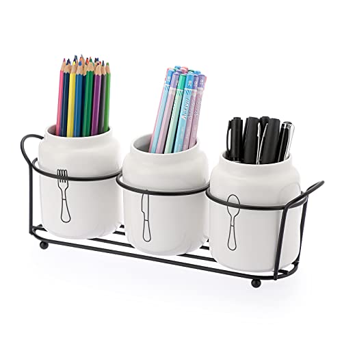 JUXYES Set of 3 Ceramic Silverware Holder for Countertop, White Flatware Organizer Utensil Holder With Black Metal Rack, Flatware Caddy Cutlery Holder Silverware Organizer for Kitchen Dining Tables