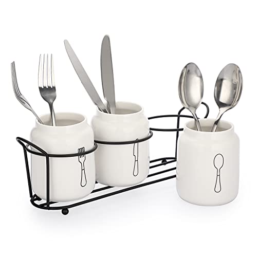 JUXYES Set of 3 Ceramic Silverware Holder for Countertop, White Flatware Organizer Utensil Holder With Black Metal Rack, Flatware Caddy Cutlery Holder Silverware Organizer for Kitchen Dining Tables