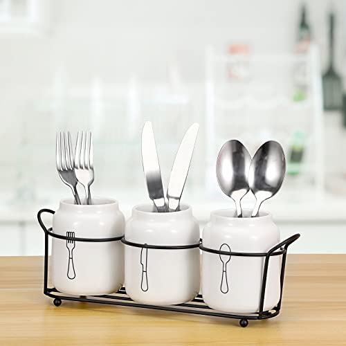 JUXYES Set of 3 Ceramic Silverware Holder for Countertop, White Flatware Organizer Utensil Holder With Black Metal Rack, Flatware Caddy Cutlery Holder Silverware Organizer for Kitchen Dining Tables