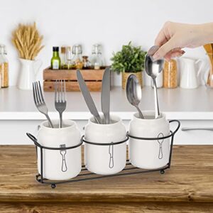 JUXYES Set of 3 Ceramic Silverware Holder for Countertop, White Flatware Organizer Utensil Holder With Black Metal Rack, Flatware Caddy Cutlery Holder Silverware Organizer for Kitchen Dining Tables